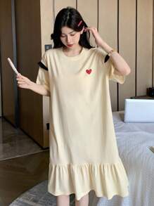 DAZY Women Loose Fit Heart Print Ruffle Hem Sleepshirt Pajama - Beige - View 5
