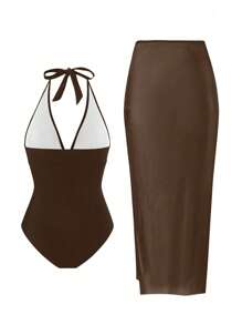 Swim Oasis Beach Summer 2 Pieces Set For Women 2025 New Arrival Solid Color Halter One-Piece Swimsuit And Mesh Cover-Up Skirt, Summer Holiday Casual Swimwear Set - Coffee Brown - View 2