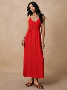 Poéselle 女士吊带连衣裙，蝴蝶结露背吊带连衣裙，宽松亚麻海滩度假舒适休闲连衣裙 - 紅色 - 查看 3