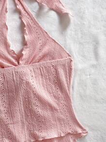 Soleia Women's Casual Solid Color Textured Twist Halter Top, Summer,Rave Top - Pink - View 3