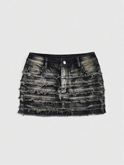 Grunge Punk Y2K Vintage-Optik mehrschichtiger ausgefranseter Patchwork-Jeans-Minirock in ausgewaschener Optik für Große Größen, K-Pop-Stil