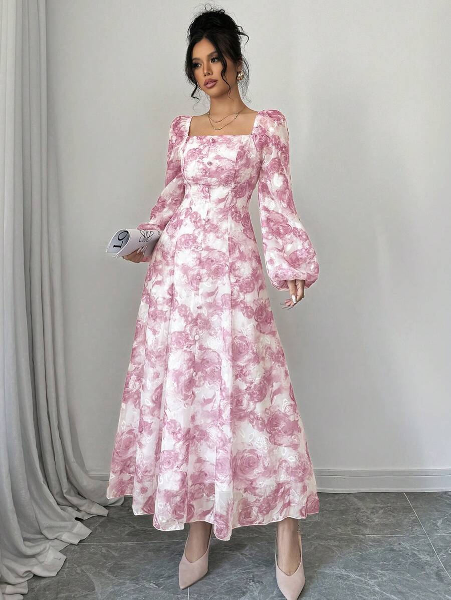 Modelyn 女士优雅花卉印花方领灯笼袖连衣裙 - 粉色 - 查看 1