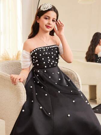 SHEIN Tween 女童露肩珍珠装饰派对礼服，适合生日派对、毕业典礼