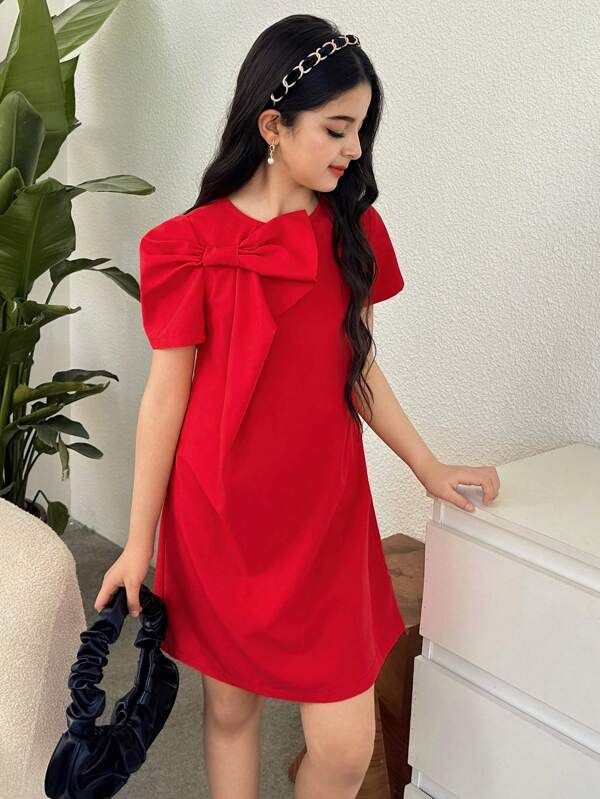 SHEIN Vestido camiseta de alta moda con pliegues y moño de manga corta en color liso para niñas preadolescentes, elegante para usar en el día a día