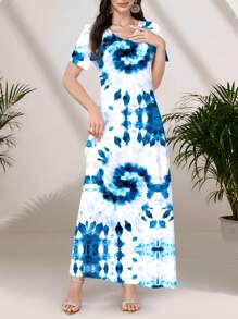 Mulvari Women's White V-Neck Spring/Summer Knit Short Sleeve Printed Dress, Can Be Worn As Outerwear Or As A Slip Dress, Casual/Work Dress, Featuring A Beautiful Vibrant Blue Tie-Dye Floral Pattern, Suitable For Dates, Everyday, Casual, Parties, Holidays, Spring/Summer Women's Clothing,Women Dresses Vacation Butterfly Dress Women Women Dresses Elegant Gown Women Dress Women Elegant Dresses