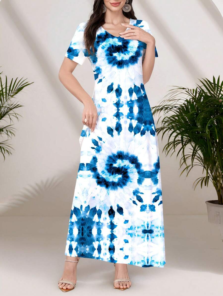 Mulvari Women's White V-Neck Spring/Summer Knit Short Sleeve Printed Dress, Can Be Worn As Outerwear Or As A Slip Dress, Casual/Work Dress, Featuring A Beautiful Vibrant Blue Tie-Dye Floral Pattern, Suitable For Dates, Everyday, Casual, Parties, Holidays, Spring/Summer Women's Clothing,Women Dresses Vacation Butterfly Dress Women Women Dresses Elegant Gown Women Dress Women Elegant Dresses