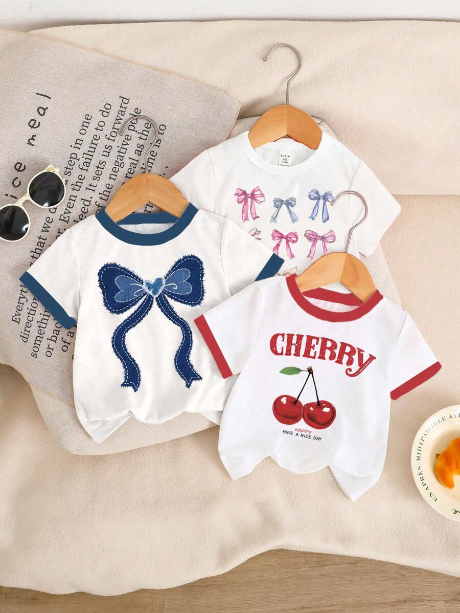 3pcs Baby Girl Casual Creative Denim Effect Bow, Cherry & Letter Printed Graphic Short Sleeve T-Shirts, Basic Style - Multicolor - View 1