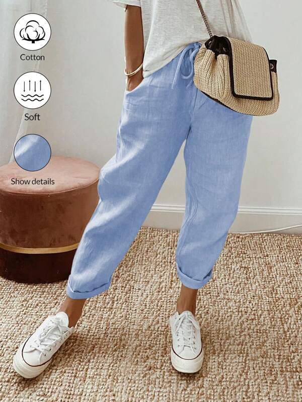 Breezaya Solid Color Drawstring Waist Pocket Casual Pants, Suitable For Holiday