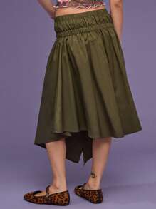 COUREZ Low Rise Asymmetric Midi Skirt , Summer For Women , Street Casual, Y2K, Leisure Music Festival, Cotton Vintage 100% Cotton - Army Green - View 3