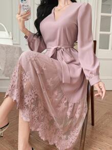 DAZY Váy midi cổ chữ V ren chắp vá thanh lịch, dành cho khách dự tiệc cưới, trang phục thanh lịch, váy dài tay mùa thu, váy dạ hội - Hồng - Xem 1