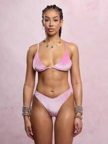 SUMWON WOMEN Luxurious Velvet Triangle Bikini Set High Leg Cut Beach Swimsuit Two Piece Adjustable Straps Summer Resort Pool Party Vacation Swimming - Pink - View 1