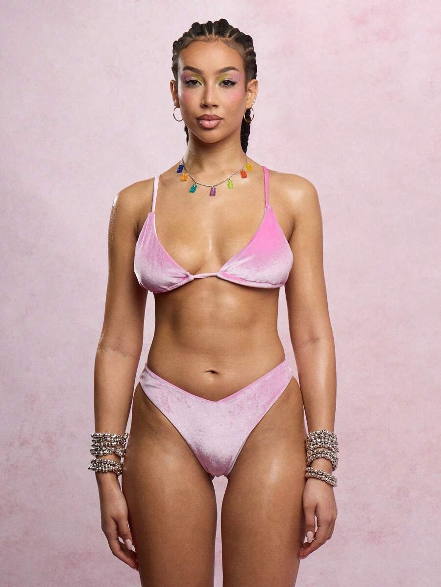 SUMWON WOMEN Luxurious Velvet Triangle Bikini Set High Leg Cut Beach Swimsuit Two Piece Adjustable Straps Summer Resort Pool Party Vacation Swimming - Pink - View 1