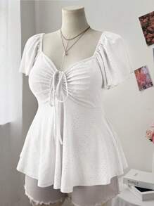 Ceyna Plus Size Women Square Collar, Cap Sleeve, Textured A-Line Casual & Elegant T-Shirt