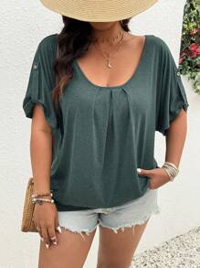 SHEIN LUNE Duża, plisowana, koronkowa, swobodna koszulka z okrągłym dekoltem