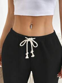 Flirla Petite 灰色低腰抽绳系带斜口袋直筒阔腿运动裤，时尚简约休闲日常百搭，适合娇小女性，春/秋 - 黑色 - 查看 4