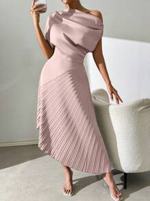 Chiquease Women's Summer Elegant Green Open Shoulder Dress With Pleated Panel Maxi Satin Women Outfit - Baby Pink - View 1