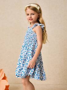 SHEIN Young Girls' Elegant Blue Ditsy Floral Chiffon Dress, Spring/Summer - Blue - View 3