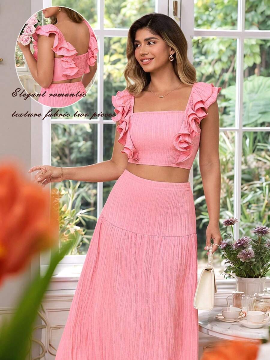 KURAYIA Plus Size Plain Textured Crew Neck Ruffle Sleeve A-Line Patchwork Hem Skirt - Pink - View 1
