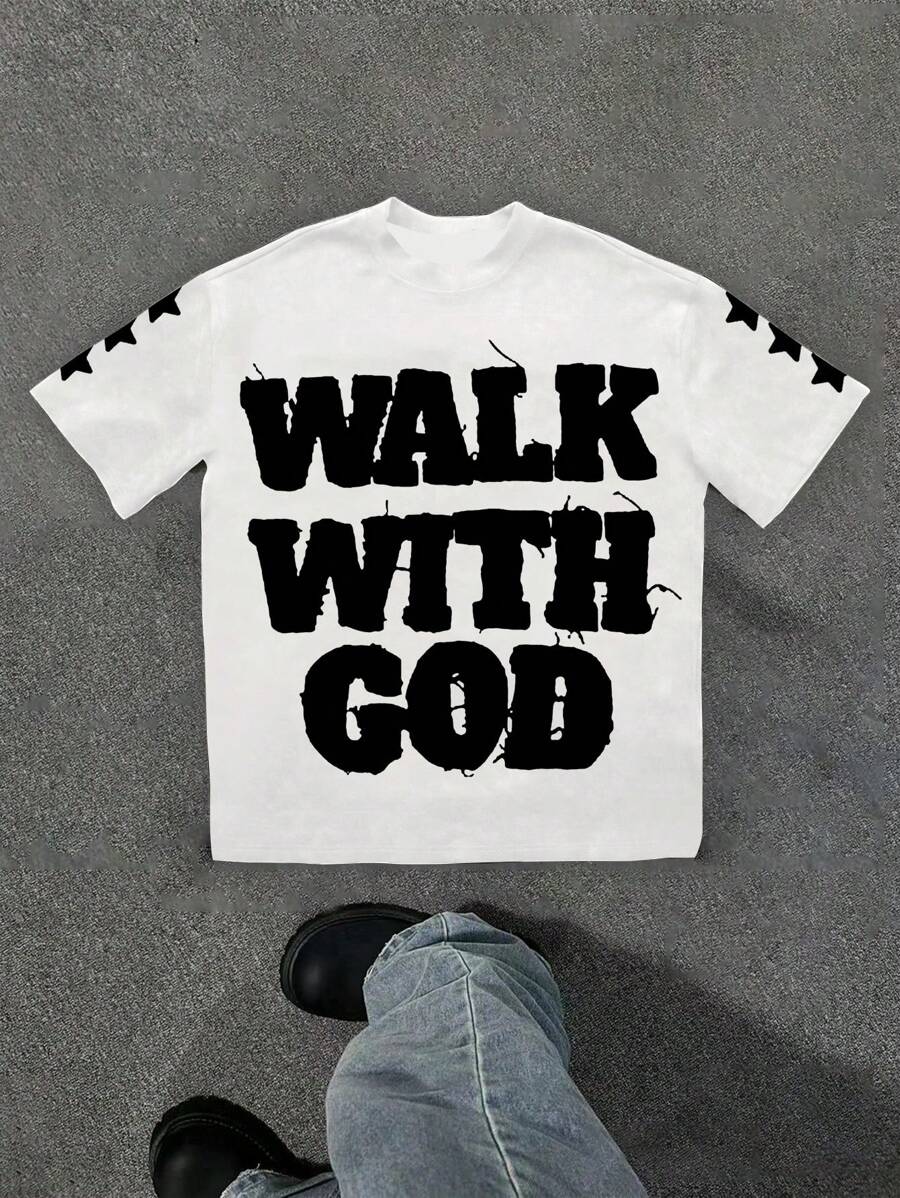 SHEIN Bolty Walk With God, God Hip Hop Rock Graffiti Slogan, Star Print, Tween Girls Casual Graphic Oversized Short Sleeve T-Shirt, Suitable For Summer, Stylish Kids, Casual Wear, Kids Graphic Clothes, Back To School, Fall Clothes, Summer Outfits For Outing, Easy Comfort, Autumn Layers For Kids, Homecoming