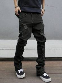 Manfinity LEGND Solid Color Distressed Pocket Skinny Flared Maxi Pants - Black - View 7