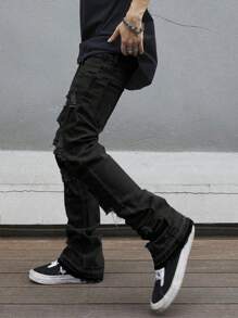 Manfinity LEGND Solid Color Distressed Pocket Skinny Flared Maxi Pants - Black - View 8