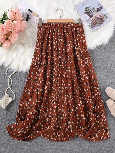 SHEIN LUNE Summer Clothes Plus Size Women's Small Leopard Print Long Skirt With Center Front Button Decoration,Summer Clothes Mother Day