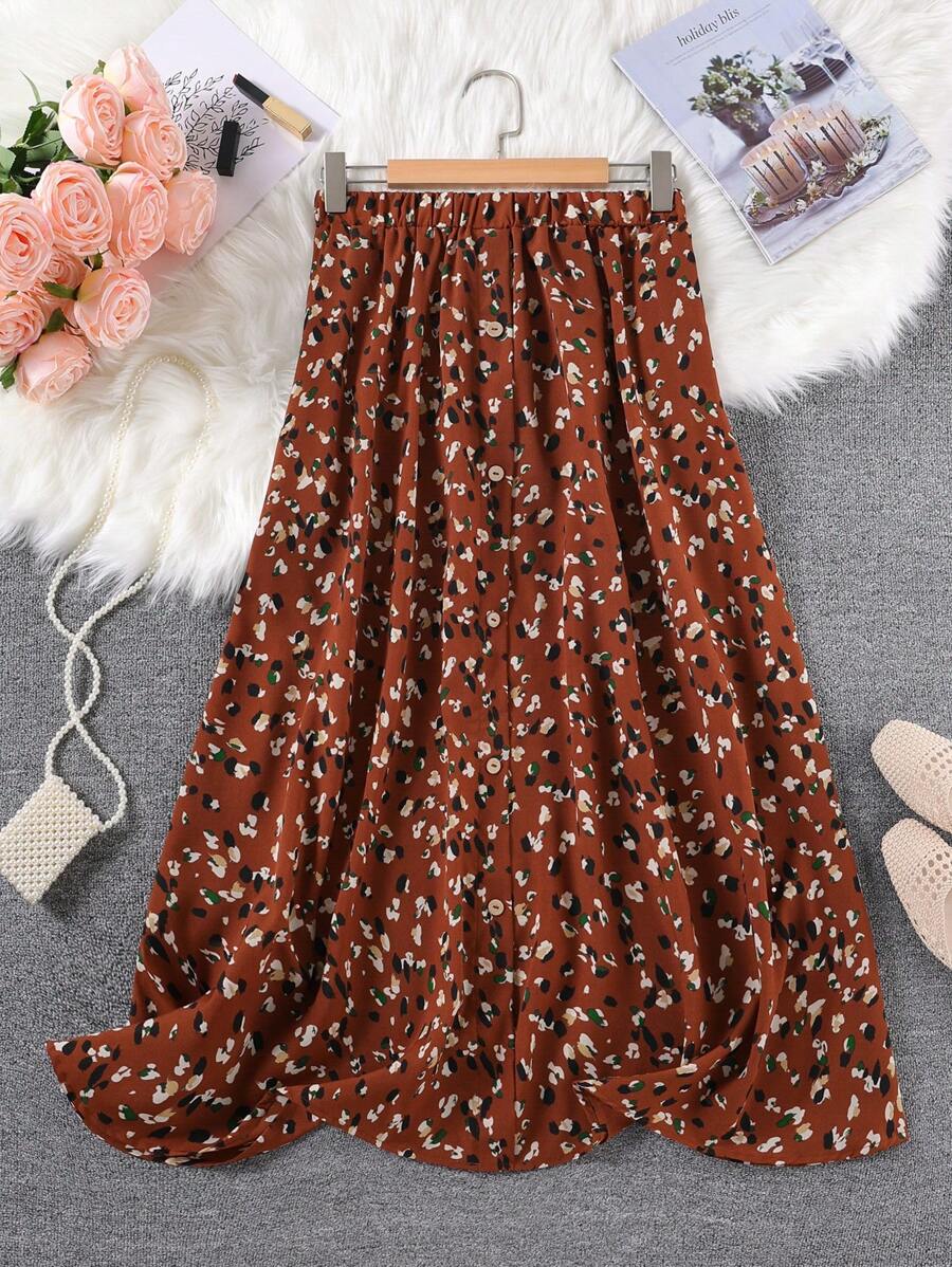 SHEIN LUNE Quần áo mùa hè cỡ lớn cho nữ, váy dài họa tiết da báo nhỏ có nút trang trí ở giữa phía trước, quần áo mùa hè - Rỉ Nâu - Xem 1