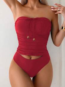 Swim Lushoire Elegant & Versatile Slim Fit Bandeau Top, Fashionable For Summer - Burgundy - View 3