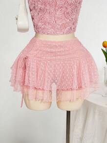 SHEIN ICON Váy xòe cao cấp ren & lưới hai lớp xếp ly buộc eo cho nữ cỡ lớn - Hồng - Xem 4