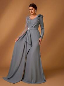 Serin Spring And Summer Elegant And Gorgeous Gray Luxury Computer Pearl Craft Hot Diamond Elastic Knitted V-Neck Bow Long Sleeve Slim Micro Fishtail Splicing Floating Piece Suitable For Dinner Bachelorette Party Date Dance Holiday Wedding Event Heavy Dinner Dress Bride Mother Dress