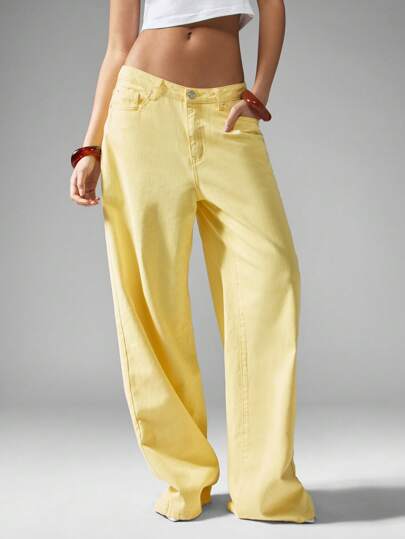 MISSGUIDED Ultra Wide Leg Baggy Jeans Y2K Style High Waist Denim Pants Spring Summer Fashion Pastel Yellow 90s Vintage Inspired Palazzo Cut