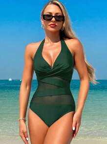 Swim Lushoire 1 件春假女士纯色网眼拼接交叉连体泳衣，海滩度假休闲夏季 - 綠色 - 查看 3