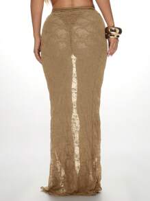 MISSGUIDED 海滩罩起来马克西裙子蕾丝美人鱼风格长地板长度泳装罩起来度假村穿泳池派对度假海滩装 - 卡其色 - 查看 2