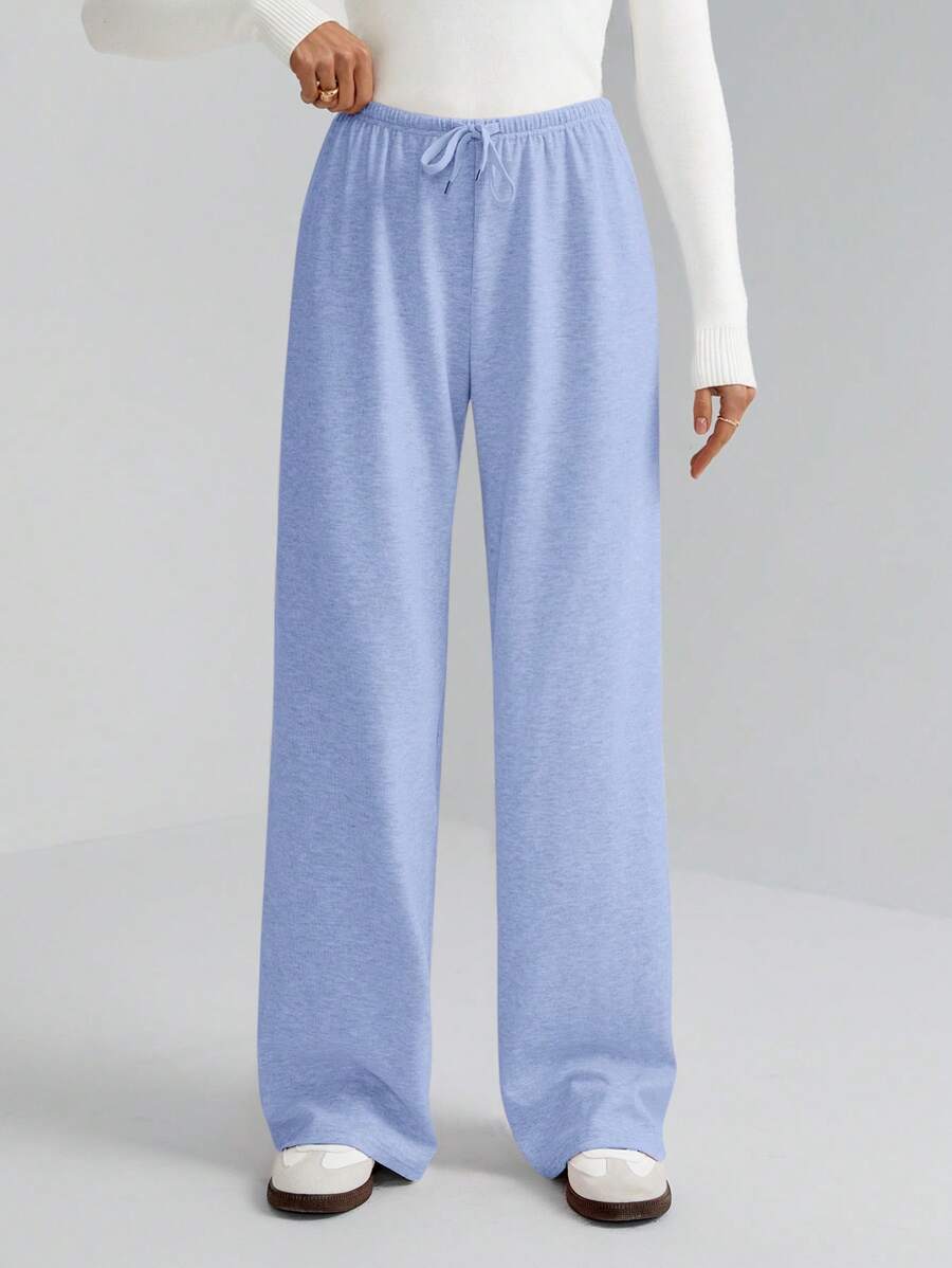 SHEIN Tall Damen einfarbige weiche Strickhose mit Kordelzug in der Taille, locker geschnitten, lässig, Herbst/Winter, Baggyhose, für große Frauen - Blau - Übersicht 1