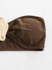 Swim Oasis Women Summer Beach Solid Color Sexy Bandeau Bikini Set With One Shoulder Cover Up Dress - Brown - View 5