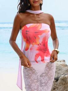 Opulessa Floral Print Knitted Mesh Fitted Camisole Top For Women - Pink - View 5