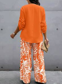 Plus Size Women 2pcs/Set Solid V-Neck Cuffed Sleeve Shirt & Tropical Plant Print Pants, Leisure Outfit For Autumn Blouse And Pants Casualpair Pants And Blouseblouse And Pants Setpants And Blouse Setblouse And Pants
