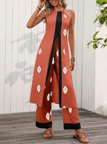 Breezaya Random Geometric Print Women Vacation Halter Neck 2pcs Sets Top & Pants - Orange - View 5