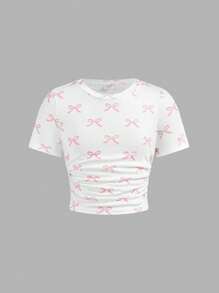 2pcs/Set Tween Girls Cute Bow Allover Printed T-Shirt & Loose Long Pants Set - Pink - View 10