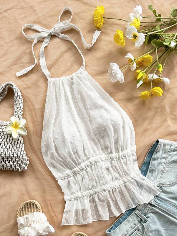 Soleia Top sin espalda con volantes, atado a la cintura, informal, para mujer, ideal para verano, playa, vacaciones, citas, fiestas de té, vacaciones, festivales de música, estilo bohemio