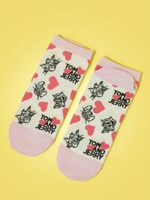 TOM & JERRY X SHEIN 1 Pair Women's Cute Cartoon Heart & Cat Pattern Ankle Socks - Multicolor - View 1