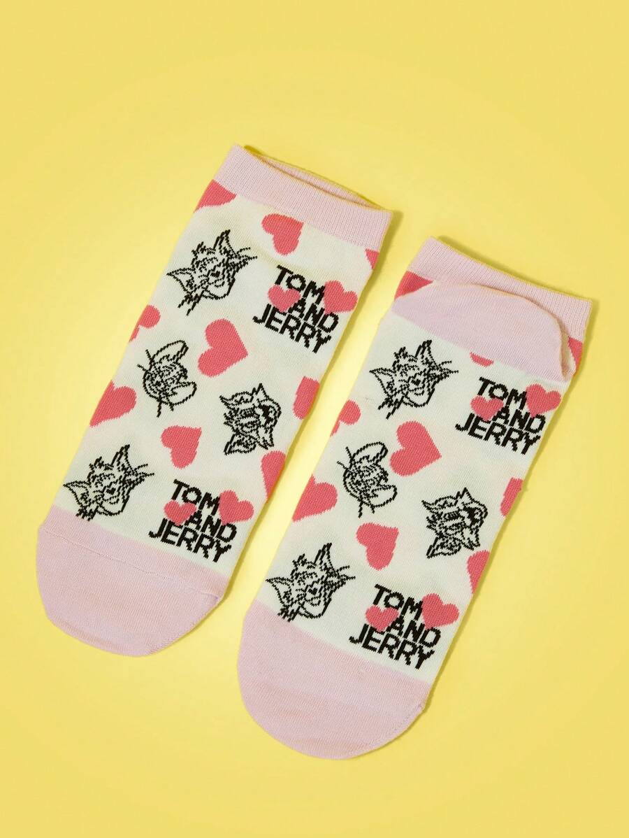 TOM & JERRY X SHEIN 1 Pair Women's Cute Cartoon Heart & Cat Pattern Ankle Socks - Multicolor - View 1