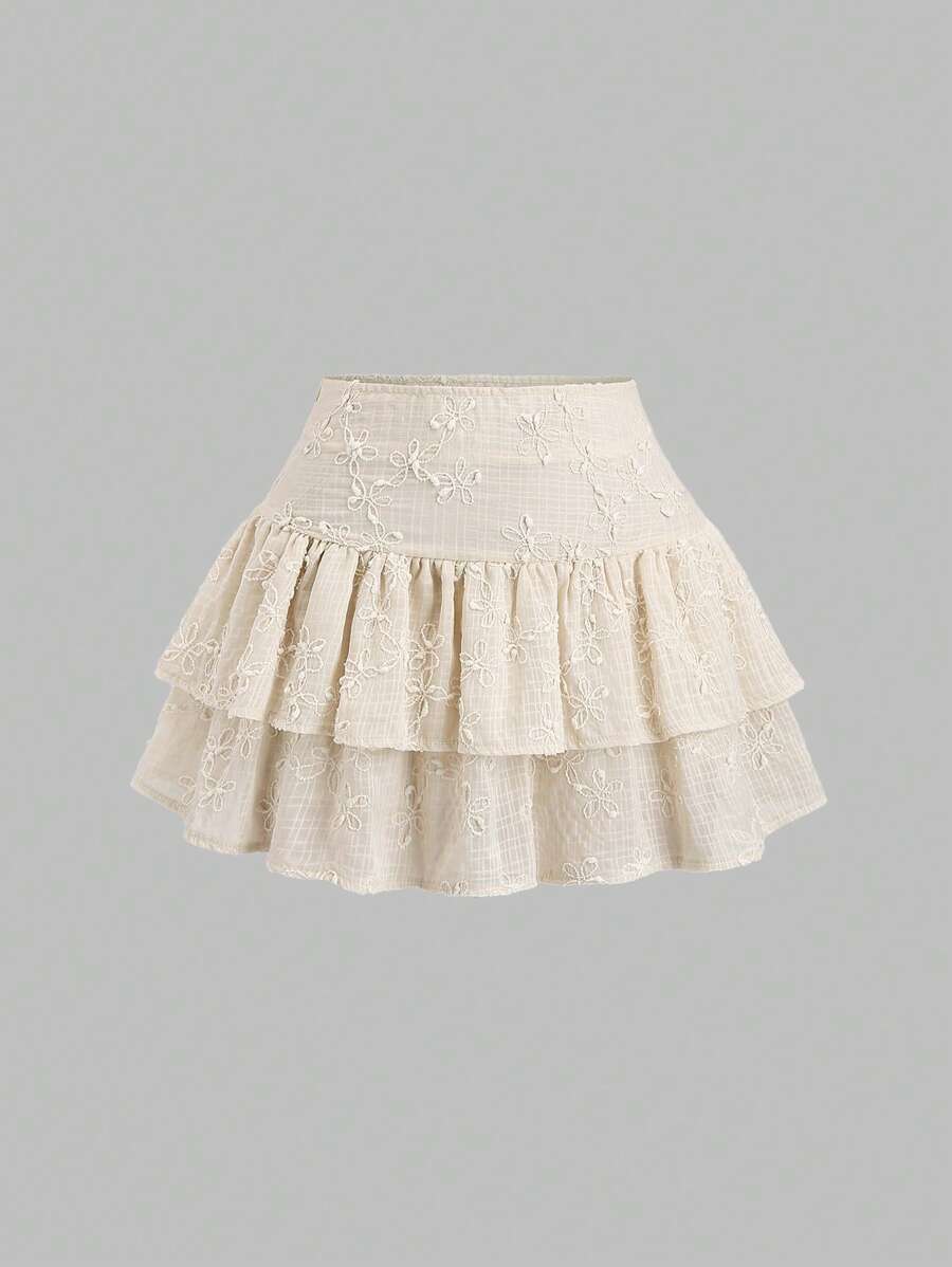 Sweetra 法式甜美粉色提花双层荷叶边下摆迷你裙，适合春夏季