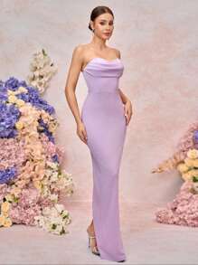 SHEIN Belle 优雅紫色简约设计吊带开叉领合身及地长开叉露背伴娘礼服 - 淡紫色 - 查看 2