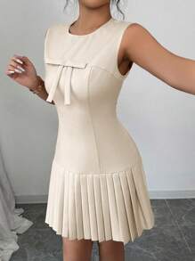 Elenzga Đầm không tay thắt nơ nhún eo phong cách Pháp thanh lịch đa năng - Màu be - Xem 5