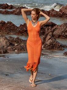 Lumivelle Orange Spaghetti Strap Backless Dress, Hollow Floral Gradient Color Fishtail Dress For Holiday