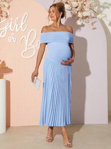 Loomaby Maternity Elegant Solid Color Off Shoulder Ruched Hem Dress,Gender Reveal Dress,Baby Shower Dress,Maternity Dress