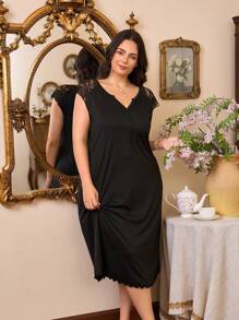 Côtesoire Casual V-Neck Lace Patchwork Women Sleepwear Nightgown Babydoll Holiday Season - Black - View 4