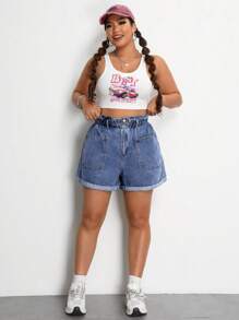SHEIN EZwear Plus Size Women Ruffle Hem Pocket Loose Wide Leg Casual Denim Shorts