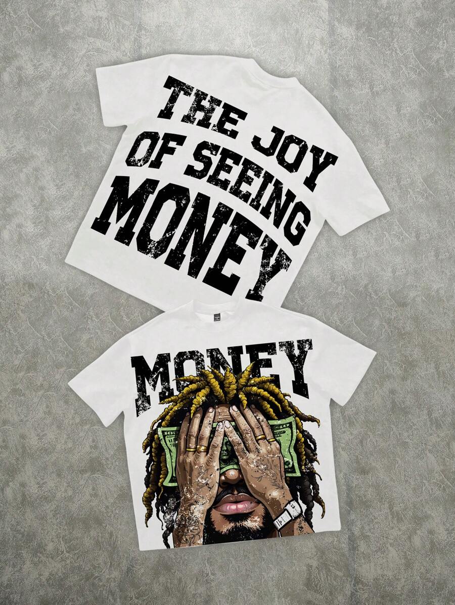 SHEIN EZwear 休闲复古街头服饰 Y2K 黑色肖像、美元钞票涂鸦风格图形、超大字母印花男女通用宽松短袖 T 恤，适合夏季 - 彩色 - 查看 1